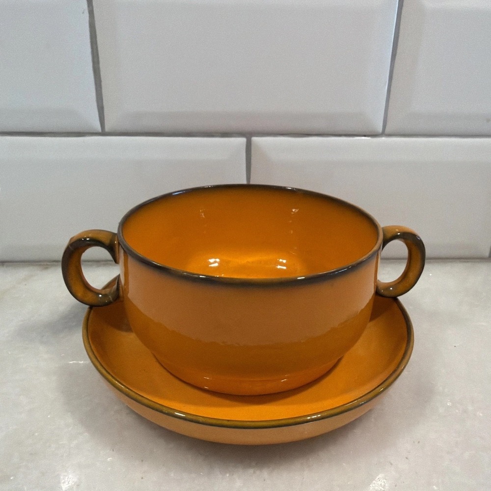 Vintage Thomas Flammfest Danish Gold Soup Cup Saucer MCM Oven Safe GW993